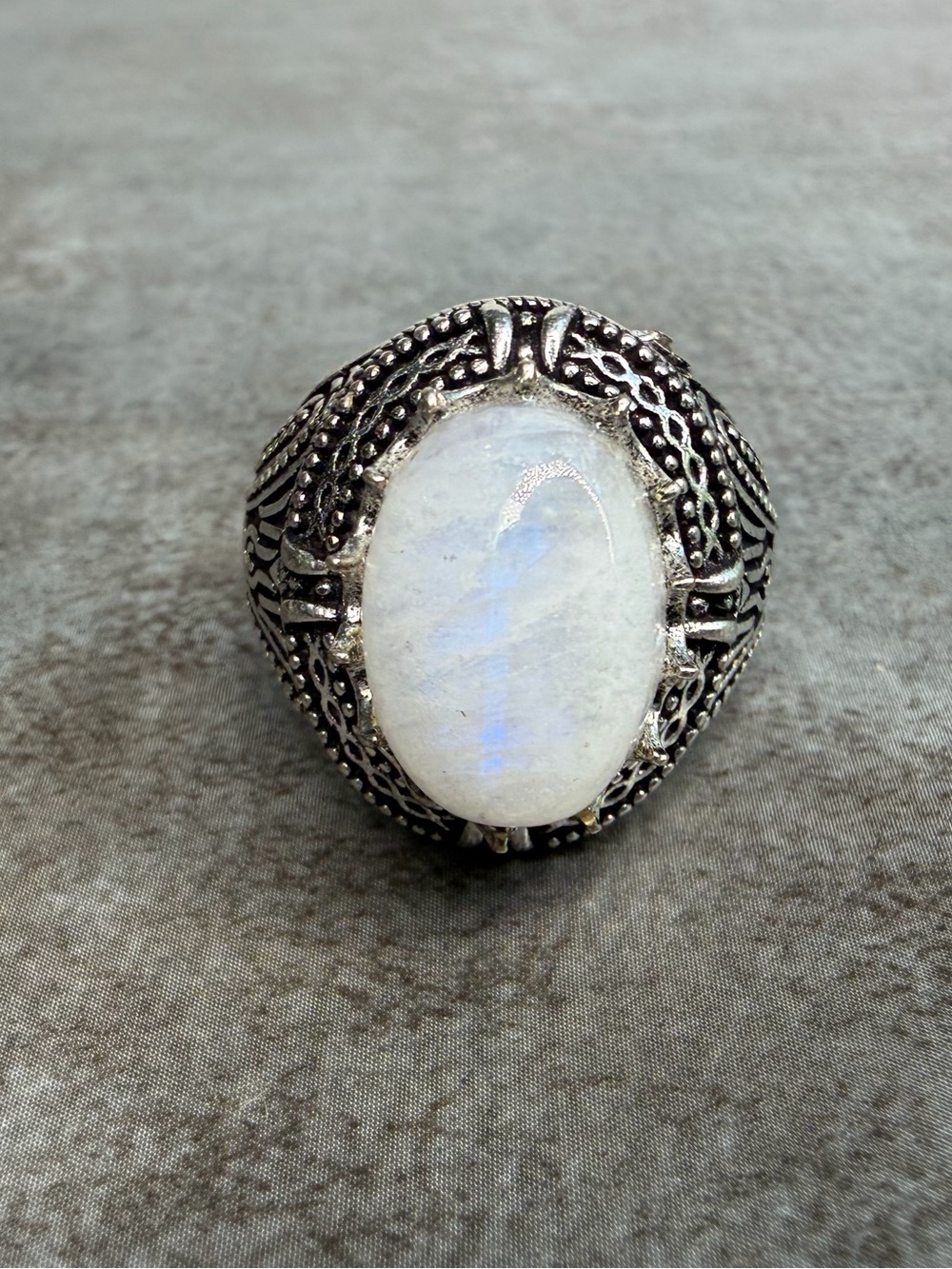 Vintage Style Boho Rainbow Moonstone Ring Size 7.5 925 Silver Overlay Women